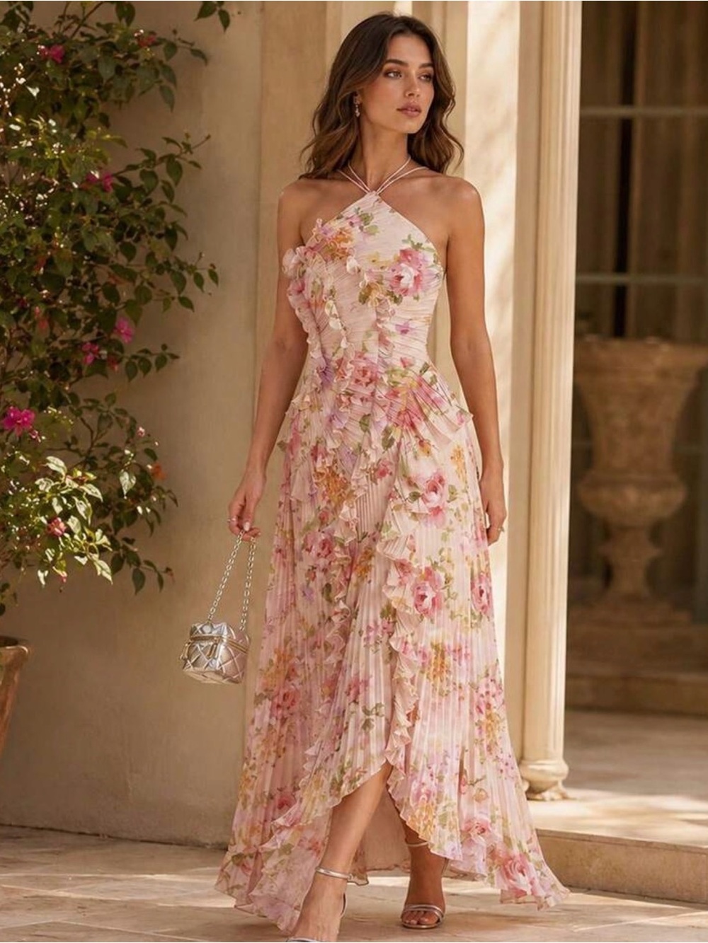 Pink Floral Halter Ruffle High-Low Dress - Picture 4 of 4